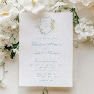 Invitation Jaune Beurre Bleu Floral Monogramme Blason Mariage