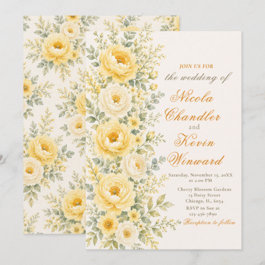 Invitation Jaune Beurre et Mariage Sage (Devant / Derrière)