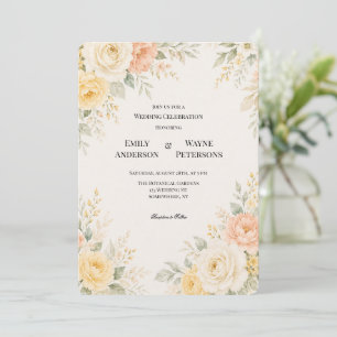 Invitation Jaune Beurre Mariage Fleur Pêche et Ivoire