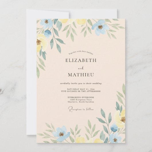 Invitation Jaune Beurre Pervenche Feuillu Mariage (Devant)