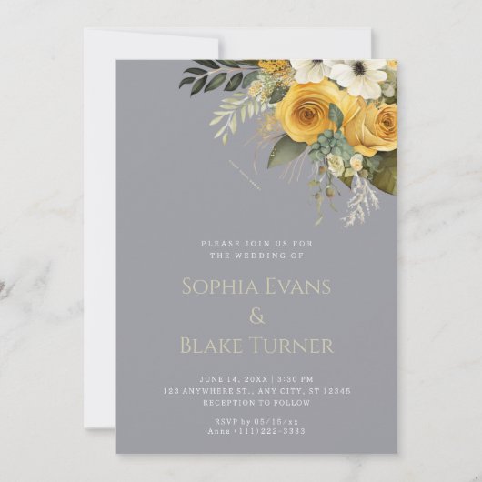 Invitation Jaune blanc et vert Mariage gris Floral (Devant)