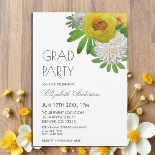 Invitation Jaune & Blanc Floral Graduation Party