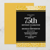 Invitation Jaune Blanc Noir Floral 75e fête d'anniversaire (Devant / Derrière)