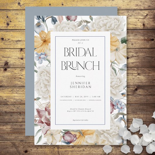 Invitation Jaune Bleu & Blanc Floral Blanc Brunch de Mariage