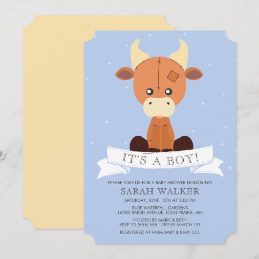 Invitation Jaune bleu bourré de vache c'est un garçon ! Baby (Devant / Derrière)