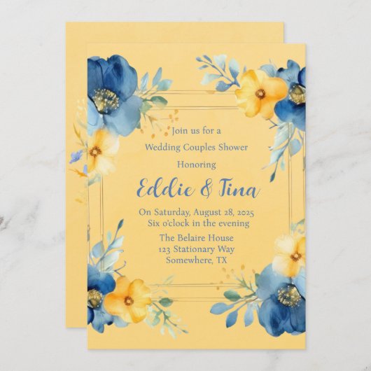 Invitation Jaune Bleu Mariage Couples Douche (Devant / Derrière)