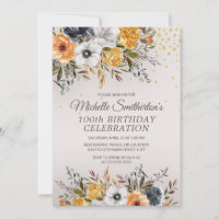 Jaune Bleu Marine Floral Glitter 100e Anniversaire