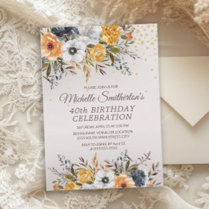 Invitation Jaune Bleu Marine Floral Glitter 40e Anniversaire