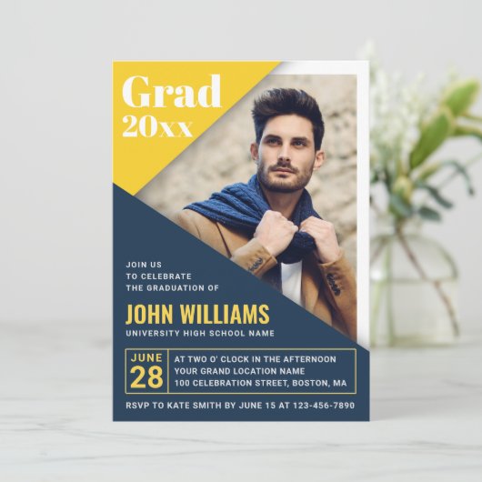 Invitation Jaune bleu moderne | Photo Graduation Party (Debout devant)