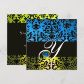 Invitation JAUNE BLEU NOIR DAMAS MONOGRAMME Saphir (Devant / Derrière)