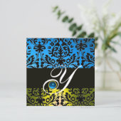 Invitation JAUNE BLEU NOIR DAMAS MONOGRAMME Saphir (Debout devant)
