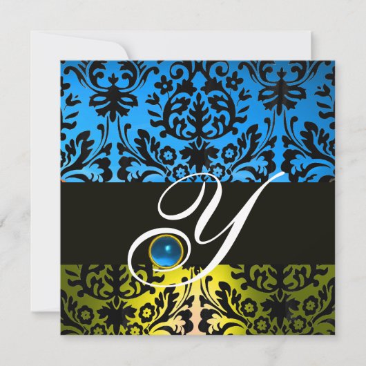 Invitation JAUNE BLEU NOIR DAMAS MONOGRAMME Saphir (Devant)
