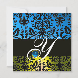 Invitation JAUNE BLEU NOIR DAMAS MONOGRAMME Saphir