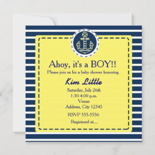 Invitation jaune bleu pour baby shower avec ancre 