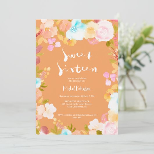 Invitation Jaune boho floral script d'aquarelle douce 16 (Debout devant)