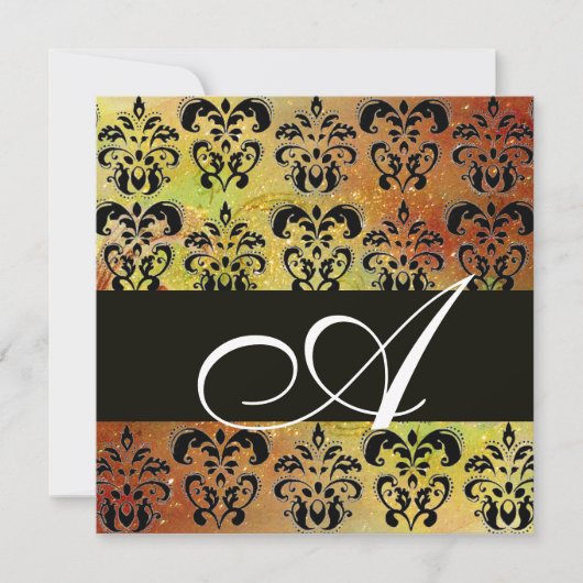 Invitation JAUNE BRUN ROUGE NOIR DAMAS MONOGRAMME, blanc (Devant)