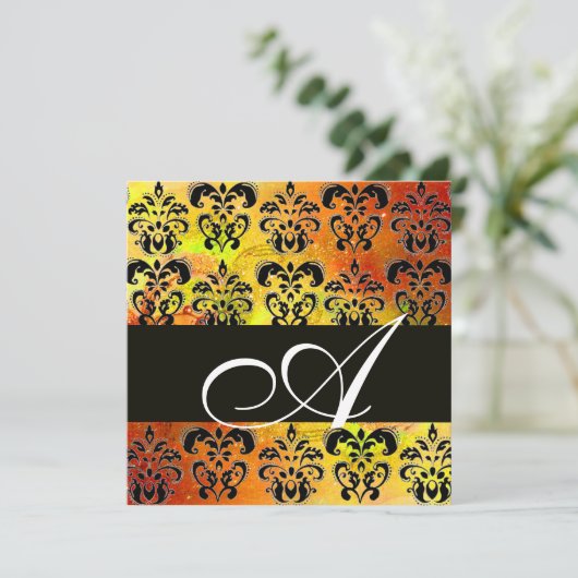 Invitation JAUNE BRUN ROUGE NOIR DAMAS MONOGRAMME, blanc (Debout devant)