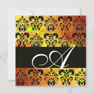 Invitation JAUNE BRUN ROUGE NOIR DAMAS MONOGRAMME, blanc
