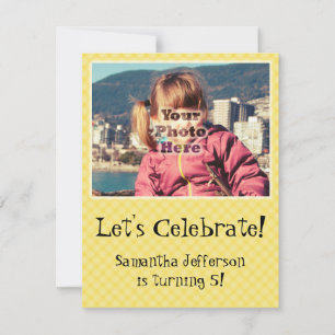 Invitation Jaune Check mignonne Photo Anniversaire Fête Invit