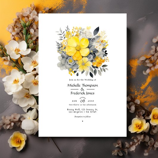 Invitation Jaune citron, gris orageux et mariage gris clair