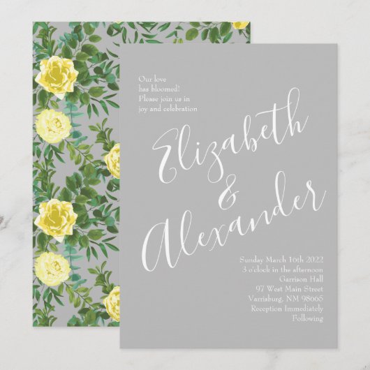 Invitation Jaune clair et gris pivoine et Rose Mariage floral (Devant / Derrière)