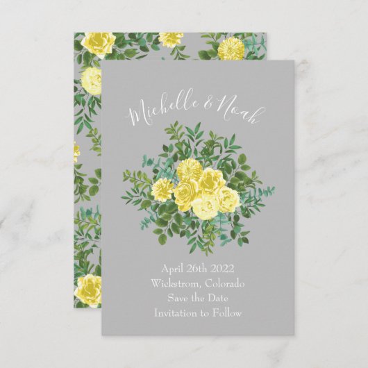 Invitation Jaune clair et gris Rose Floral Mariage Date de sa (Devant / Derrière)