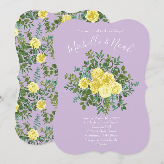 Invitation Jaune clair et Lilac Violet Rose Mariage Floral (Devant / Derrière)