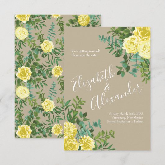Invitation Jaune clair et Mariage écru Khaki Date de sauvegar (Devant / Derrière)