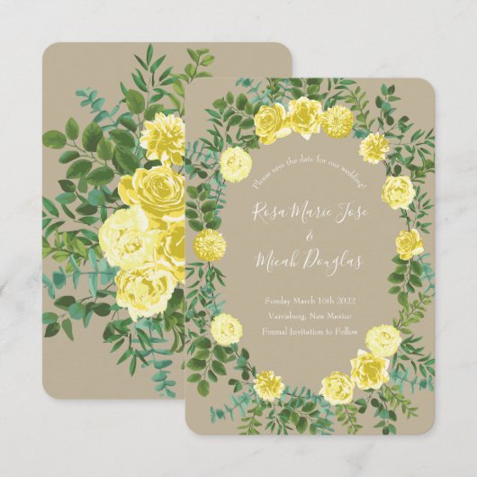 Invitation Jaune clair et Mariage écru Khaki Date de sauvegar (Devant / Derrière)