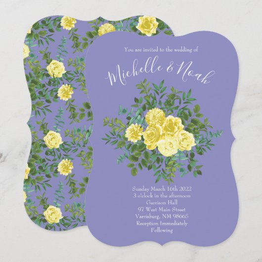 Invitation Jaune clair et périphérique Rose bleu Mariage flor (Devant / Derrière)
