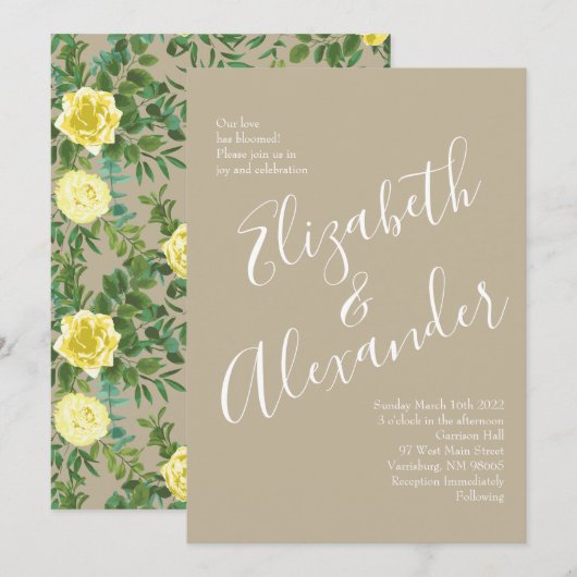 Invitation Jaune clair et Rose écru kaki Mariage floral (Devant / Derrière)