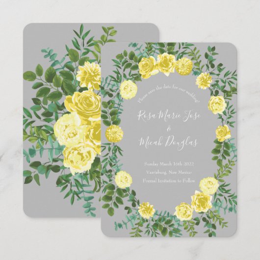Invitation Jaune clair et rose gris floral mariage enregistre (Devant / Derrière)