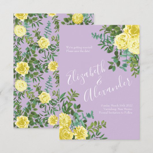 Invitation Jaune clair & Lilac Purple Rose Mariage Date de sa (Devant / Derrière)