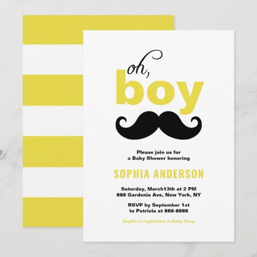 Invitation Jaune classique C'est un Baby shower de moustache (Devant / Derrière)