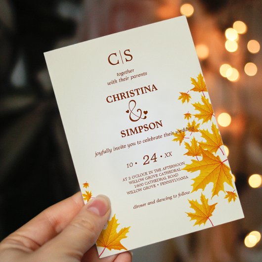 Invitation Jaune Classique d'automne feuille mariage