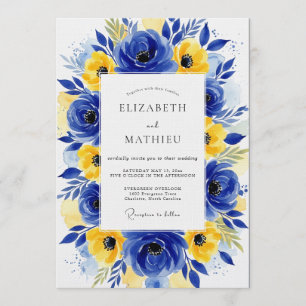 Invitation Jaune cobalt Fleurs floraison Mariage