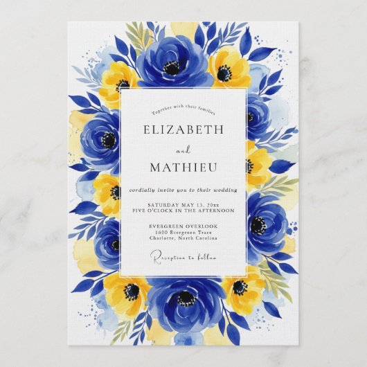 Invitation Jaune cobalt Fleurs floraison Mariage (Devant)