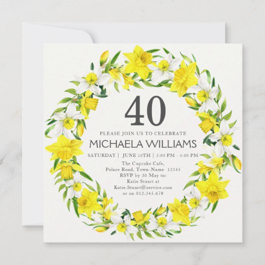 Invitation Jaune Daffodiles Blanches Wreath 40e anniversaire (Devant)