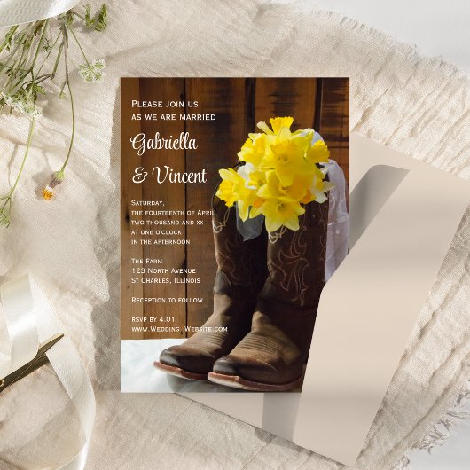 Invitation Jaune Daffodique et Bottes de Cowboy Mariage de l'