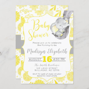 Invitation Jaune Dahlias Baby Elephant Baby shower garçon