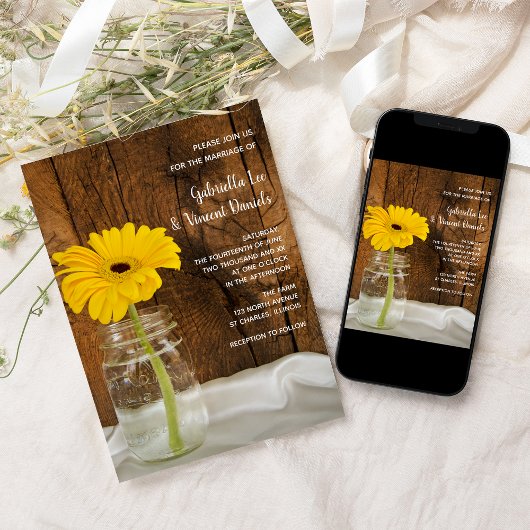 Invitation Jaune Daisy à Mason Jar Pays Mariage de grange
