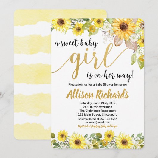 Invitation jaune de baby shower de tournesols pour (Devant / Derrière)
