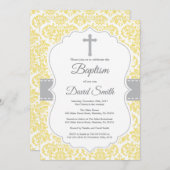 Invitation jaune de baptême de croix de damassé (Devant / Derrière)