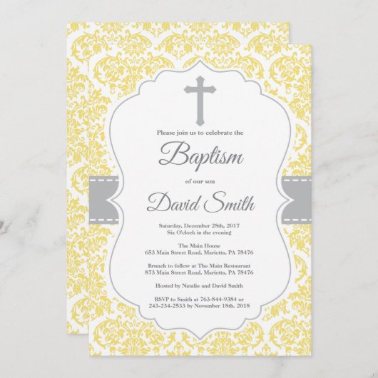 Invitation jaune de baptême de croix de damassé (Devant / Derrière)