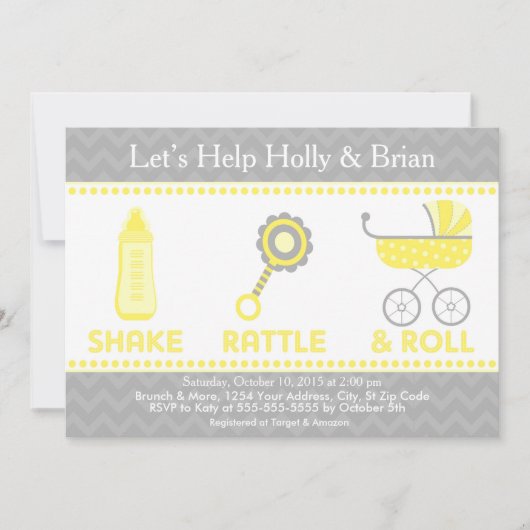 Invitation Jaune d'invitation de baby shower - secousse, (Devant)
