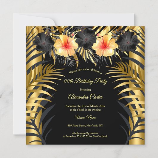 Invitation Jaune d'or noir Hibiscus Tropical Floral Party (Devant)
