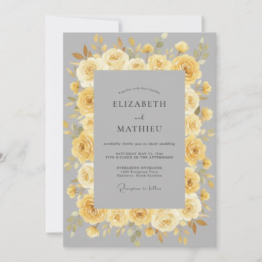 Invitation Jaune Doré Raffiné Fleurs de Mariage (Devant)