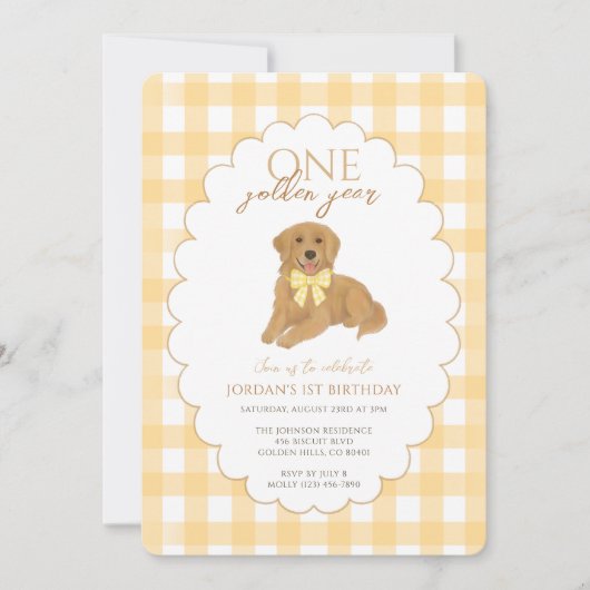 Invitation Jaune En vichy un an d'or 1er anniversaire chiot (Devant)