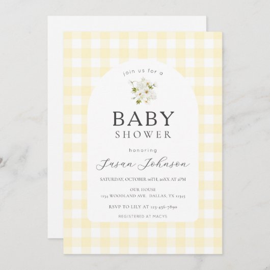 Invitation Jaune et blanc Buffalo Check Plaid Baby shower (Devant / Derrière)