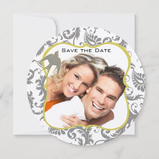 Invitation Jaune et Gris Damassé Oiseaux Vintage (Devant)